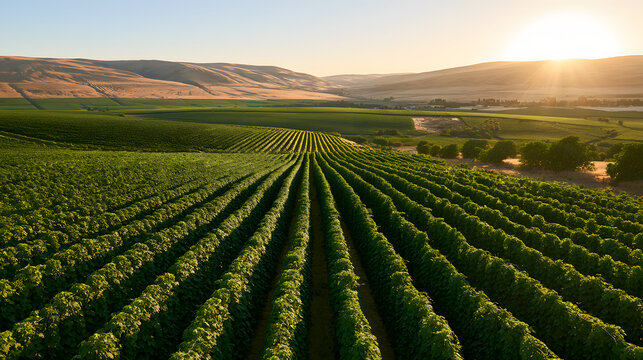 Golden-hour orchards and vineyards below the Yakima Valley ridges
